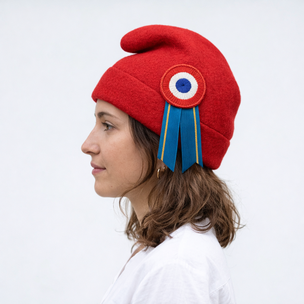 Bonnet phrygien républicain rouge avec cocarde tricolore et ruban bleu liseré d'or